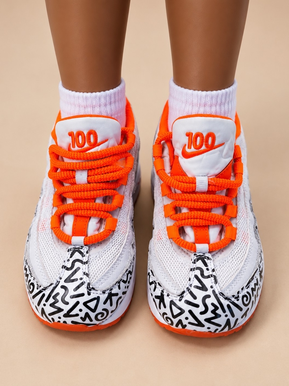 Nike Kids White & Orange Graphic Sneakers with Black Accent
